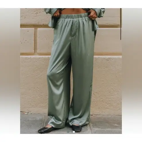 Daily Drills Pants Womens XS Lagoon Green Silky Resort Satin Lounge Wide Leg