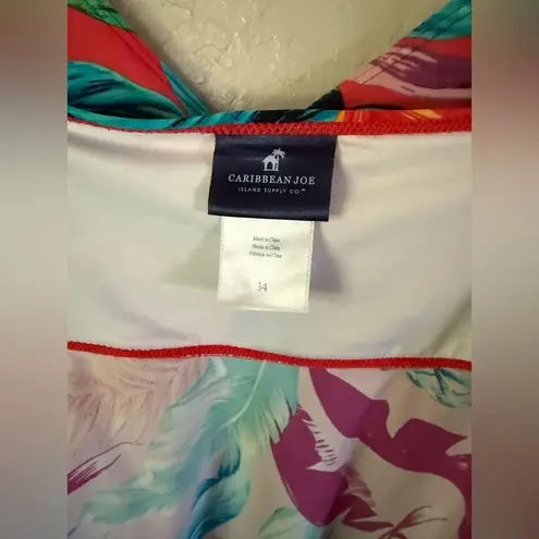 Caribbean Joe Womens Standard Babydoll Tankini Top Size 14 Tropical Print Coral