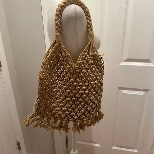 Vintage Boho Chic Macrame Fringe Shoulder Bag Handcrafted Beige Bucket Casual