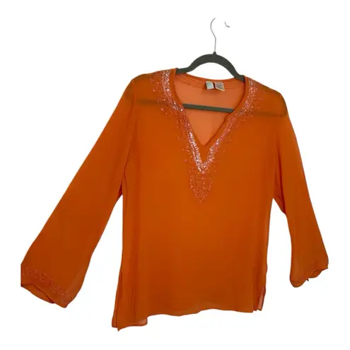 Itsu Silk Bright Orange Embellished Coastal Vacation Resortwear Blouse Top L Size 8