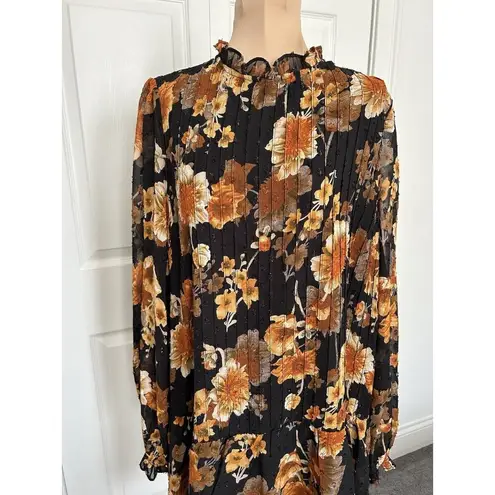 MELLODAY Black Muti-color Sheer Floral Print Pleated Long Sleeve Mini Dress Sz L