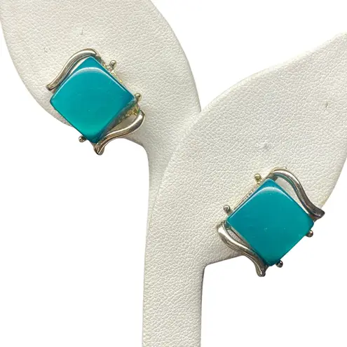 Vintage Coro Retro Blue Green Teal Square Clip On Earrings Gold Tone Old Money