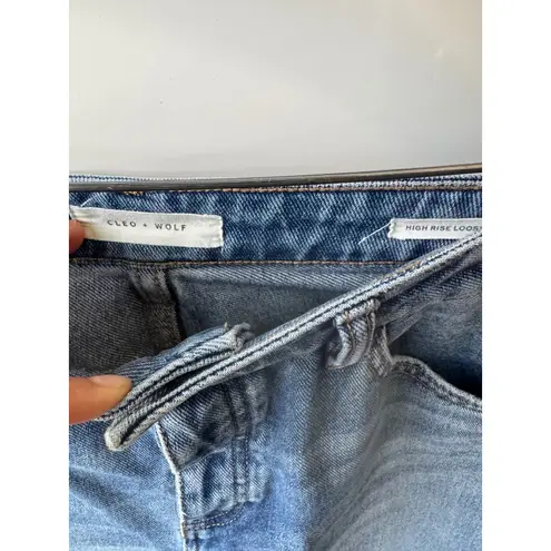 Cleo + Wolf High Rise Loose Fit Flare Leg Jeans Distressed Hem 28W x 32L Blue Size 28