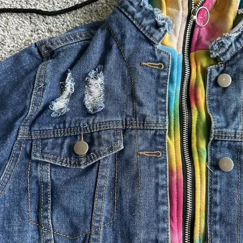 American Bazi Hooded Denim women Jacket With Tie-Dye Trim cropped distressed