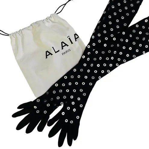ALAÏA Eyelet Gloves in Noir & Argent Black Size 8
