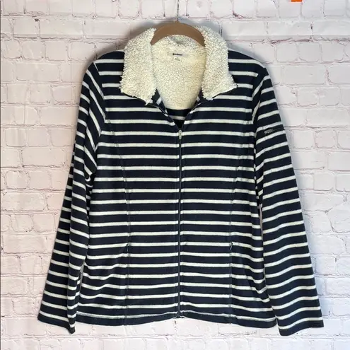 L.L. Bean Navy and White Striped Fleece with Sherpa Collar Woman’s Size Medium