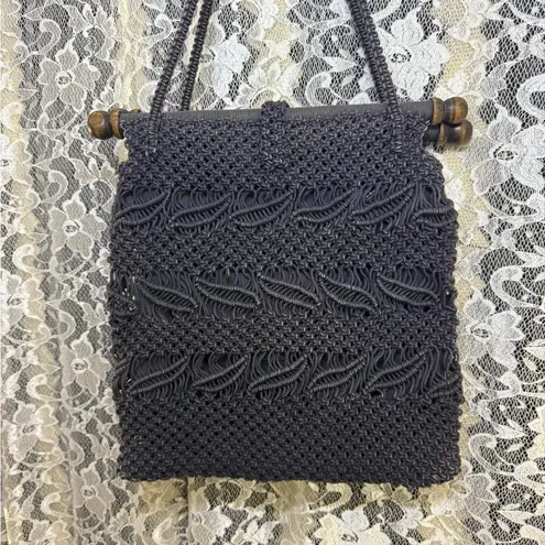 Dimensions vintage Black Crochet macrame Shoulder Bag wood euc 11”X11”