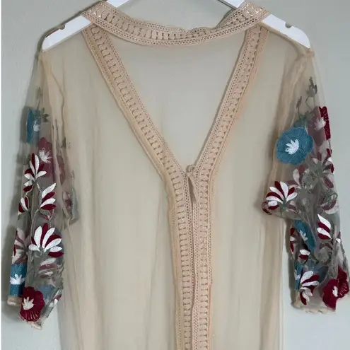 Sheer Embroidered Floral Kimono Duster S Cardigan Boho Crochet Trim Fringe Hem Tan