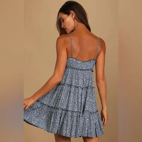 Lulus  Sitting in the Sun Navy Blue Floral Print Ruffled Babydoll Dress NEW Smal