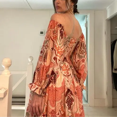 FATE. Printed Puff Sleeve Smocked Midi Dress Coral/Pink Size M