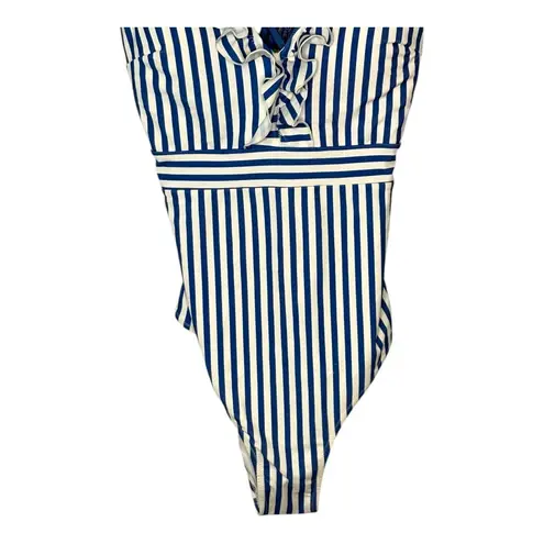 Cupshe New  Blue and White Striped One‎ Piece Swimsuit Ruffle Size Large NWT