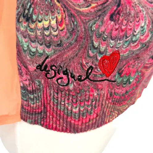 Desigual Printed Cardigan Heart Accent Sweater Sheer Back Size Medium
