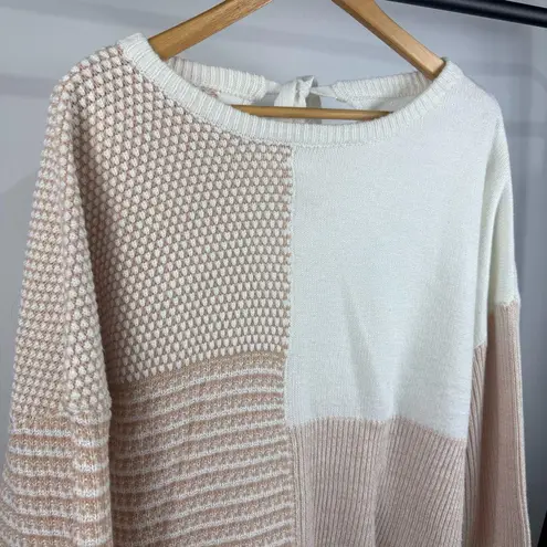 Oatmeal Mixed Pattern Knit Tie Keyhole Drop Shoulder Sweater Size Large Tan