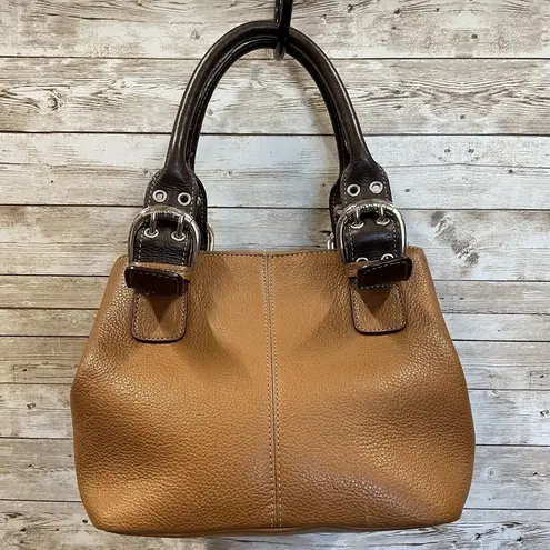 Tignanello Tan Leather Handbag Double Handle Purse Silver Buckles Magnetic Close Brown