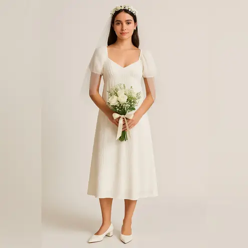 Source Unknown Unbranded White Textured Puff Sleeve Midi Dress Square Neck XS-S - Image 3