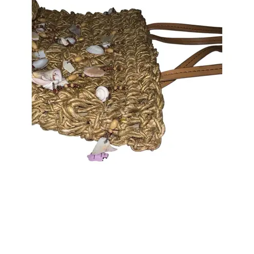 Cappelli Straworld Purse Bag Brown Straw Shell Embellishments 2 Handles Nautical Tan