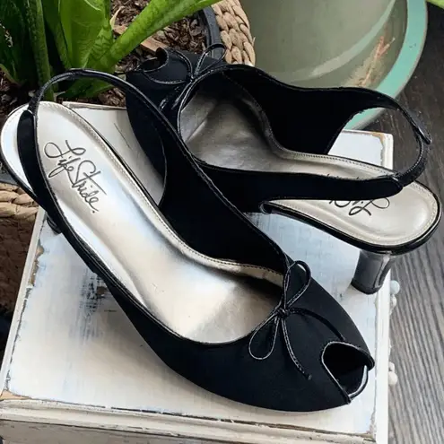 Life Stride Women's Peep Toe Sling Back Heeled Pumps Black Size 8.5