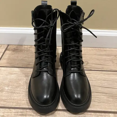 Combat Boots Lace Up Side Zipper Boots Stylish Faux Leather Boots booties pu leather winter shoes Black Size 6