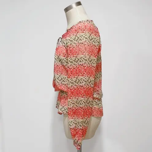 Falls Creek Women's Coral/Tank Floral Smocked Sheer Peasant Blouson Top Size S