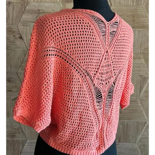 Womens Cropped Cardigan S/M Peach Short Sleeve Crochet Open Front Boho Fairy Orange - Image 4
