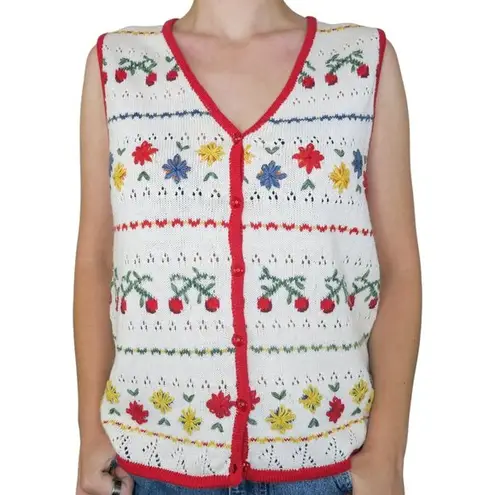 Vintage 90s Gina Peters Cottagecore Floral Cherry Sweater Vest White