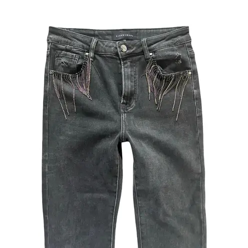 Risen Jeans Womens Black Flare Bell Bottom Rhinestone Fringe Pocket Jeans 7/28"