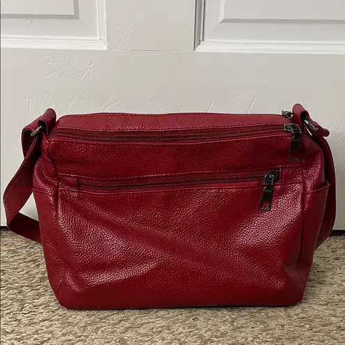 Pebbled Cherry Red Leather Crossbody Bag with Pockets & Adjustable Strap