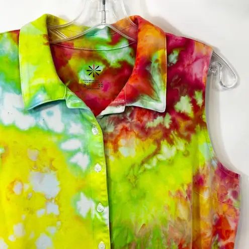 Isaac Mizrahi Large Top Handmade Tie Dye Green Red Sleeveless Collared 1735