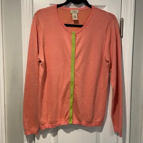 L.L. Bean Size M Coral Lime Green Stripe Lightweight Cotton Button Cardigan Pink Size M