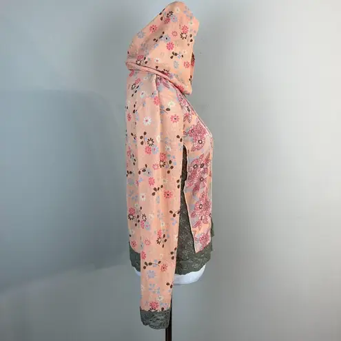 J. Jill Full Zip Jacket Top Small Sheer Vintage Floral Lace Mesh Hooded Womens S Pink