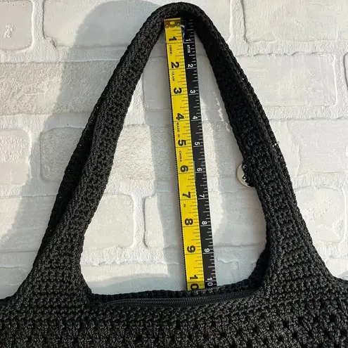 The Sak Shoulder Bag Purse Black Crochet Knit Double Handle Zip Outside Pocket