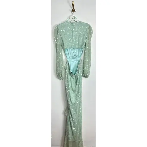 Mac Duggal Sequined Faux Wrap Cut Out Puff Sleeve Gown in Soft Mint Size US 4