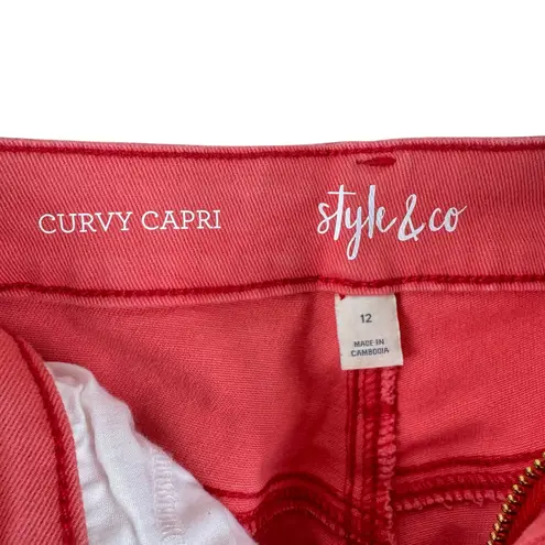 Style & Co Cotton Coral Pink Cherry On Top High Rise Curvy Capri Jeans Size 12