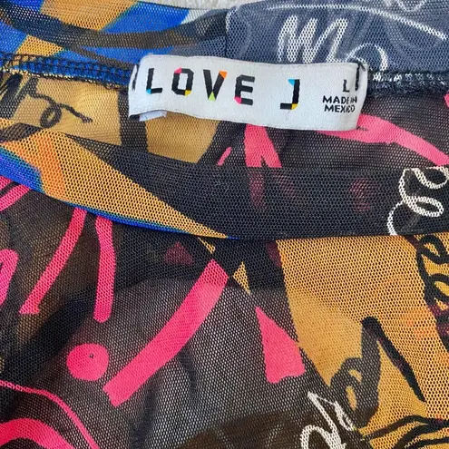 Love j Y2K Early 2000's Mesh Graffiti Graphic Print Open Back Crop Top L