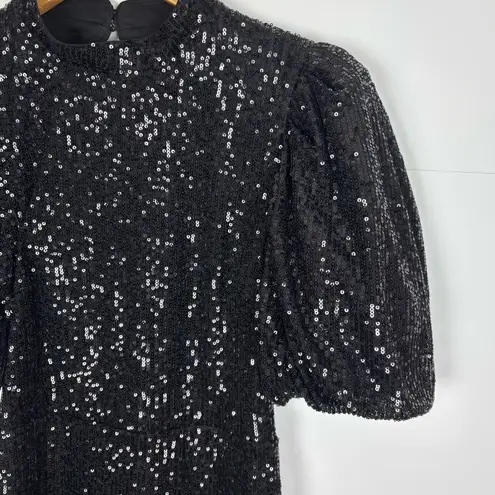 Camila Coelho Cassie Mini Dress Black Sequin Puff Sleeve Open Back Size Small