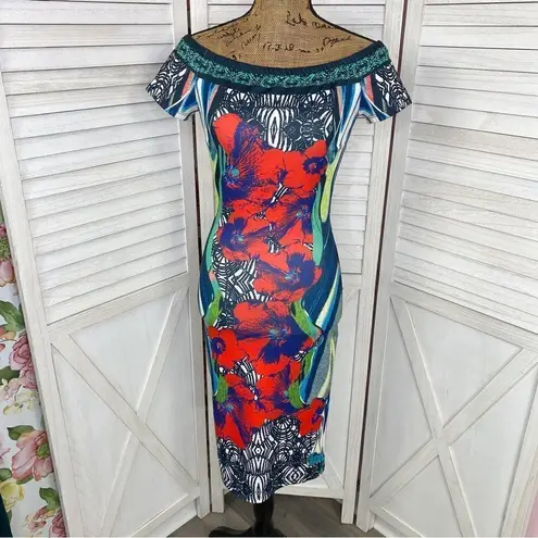Jealous Tomato Tropical Print Bodycon Sheath Dress Red Blue Small Off Shoulder