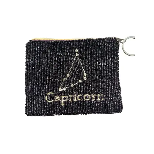 CAPRICORN Beaded Zodiac Astrology Zip Coin Purse Black