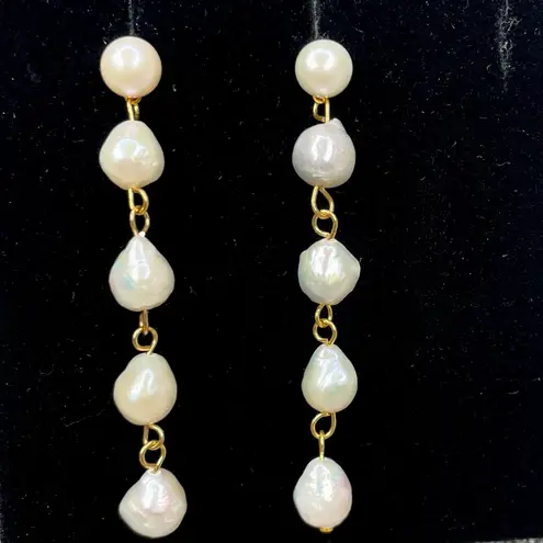 Natural Freshwater Pearl Stud Earrings w/ Quadruple Baroque Drop Gold