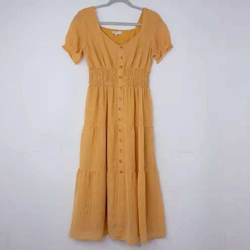 Moon River yellow/gold midi bubble sleeve dress, M