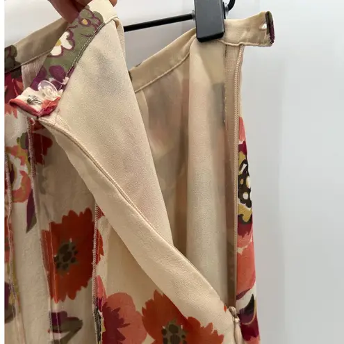 Sunny Leigh Silk Floral Midi Skirt Women Size 10 Beige Orange Red Pleated Lined