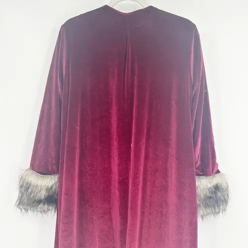 Jennafer Grace Womens Mob Wife Velvet Duster Cardigan Faux Fur Trim XS Burgundy Red
