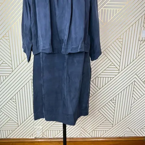 Apiece Apart Dress Cape Sleeve Layered Sheath Tasseled Cupro Navy Blue Size 6