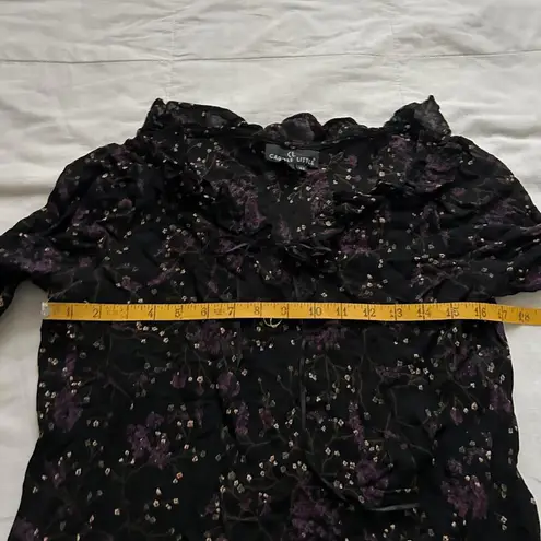 Vintage Carole Little Black and purple floral peasant top with ruffle neckline Size 10