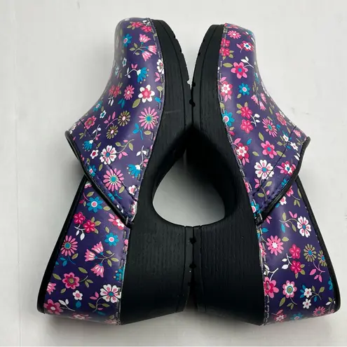 Cape Clogs Leno Sweden Purple Floral Black Leather Slip Resistant SZ 38 US 7.5