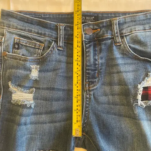 Judy Blue Size 9/29 Buffalo Plaid Patch Skinny Blue Ripped Denim Jeans JB8268DK