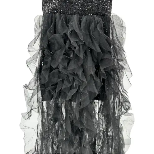Mac Duggal Ieena Black Sequin Mini with High Low Ruffle Tiered Train size 0
