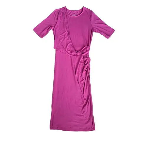 Betabrand Drape Jersey Stretch Midi Dress Pink Women’s M Ruched Fitted Rayon