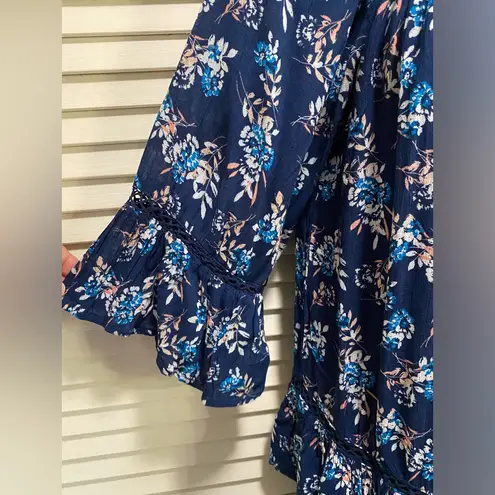 Fever Blouse Size Small Blue Floral Ruffle Crochet Elastic Hem 3/4 Sleeves Boho