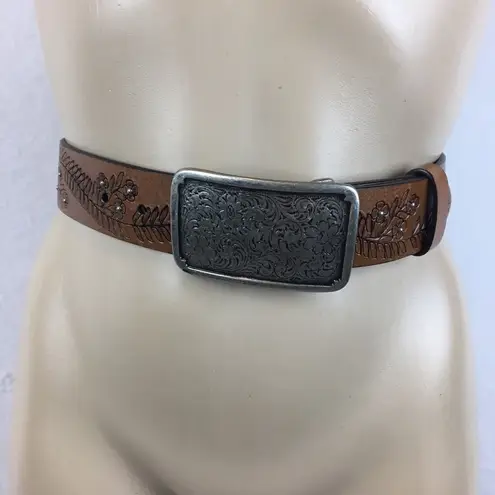 Faded Glory  Brown Leather Floral Leaf Embossed Print Chunky Western Belt S/M