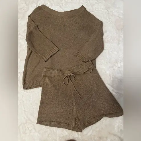 Two Piece slouchy shoulder Brown Sweater Knit Shorts Set